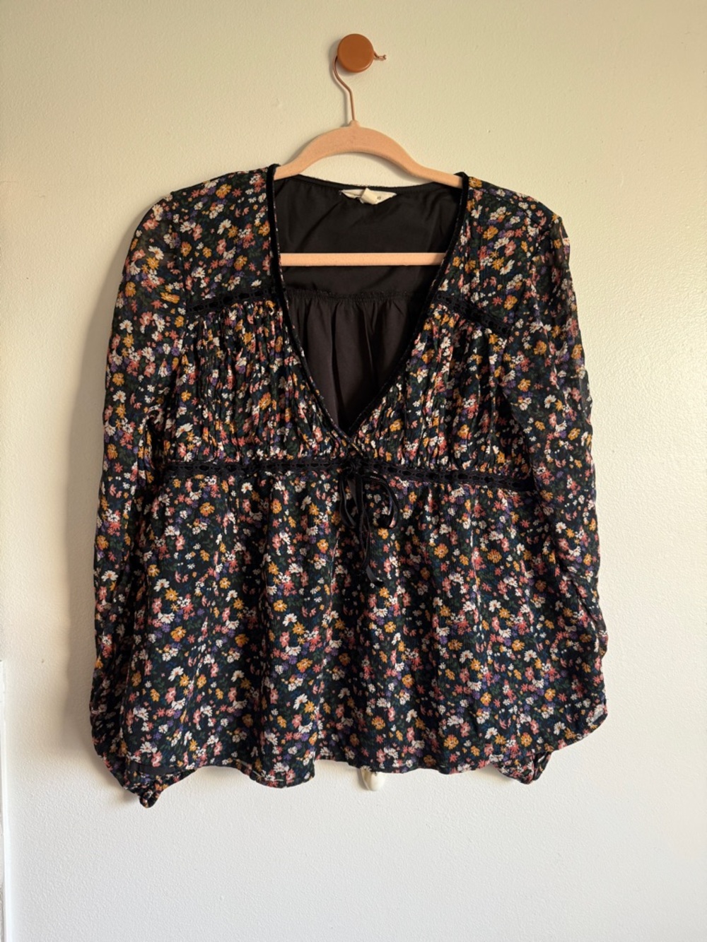 Lucky Brand Black Floral V-Neck Peasant Blouse